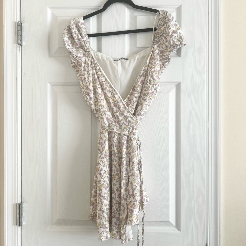 Zara Satin Effect Puff Sleeve Wrap Dress